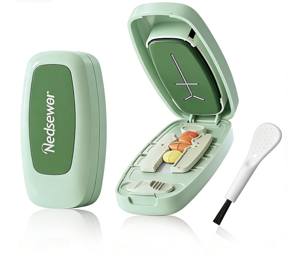 Pill Cutter for Small & Tiny Pills - Adjustable Multi-Cut Tablet Splitter (1/2, 1/3, 1/4 Cuts,) | Safe Hidden Blade & Portable Carry Around Pill Splitter for Cuting Vitamins, Tablets (Matcha Green)
