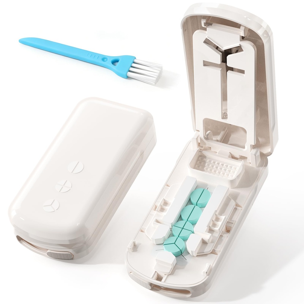 Pill Cutter 1/2 1/3 1/4, Precision Pill Splitter for Small & Large Pills, Adjustable Centering Slot, Dual Safety Blades, 3-in-1 Tablet Cutter, Portable & Easy to Use
