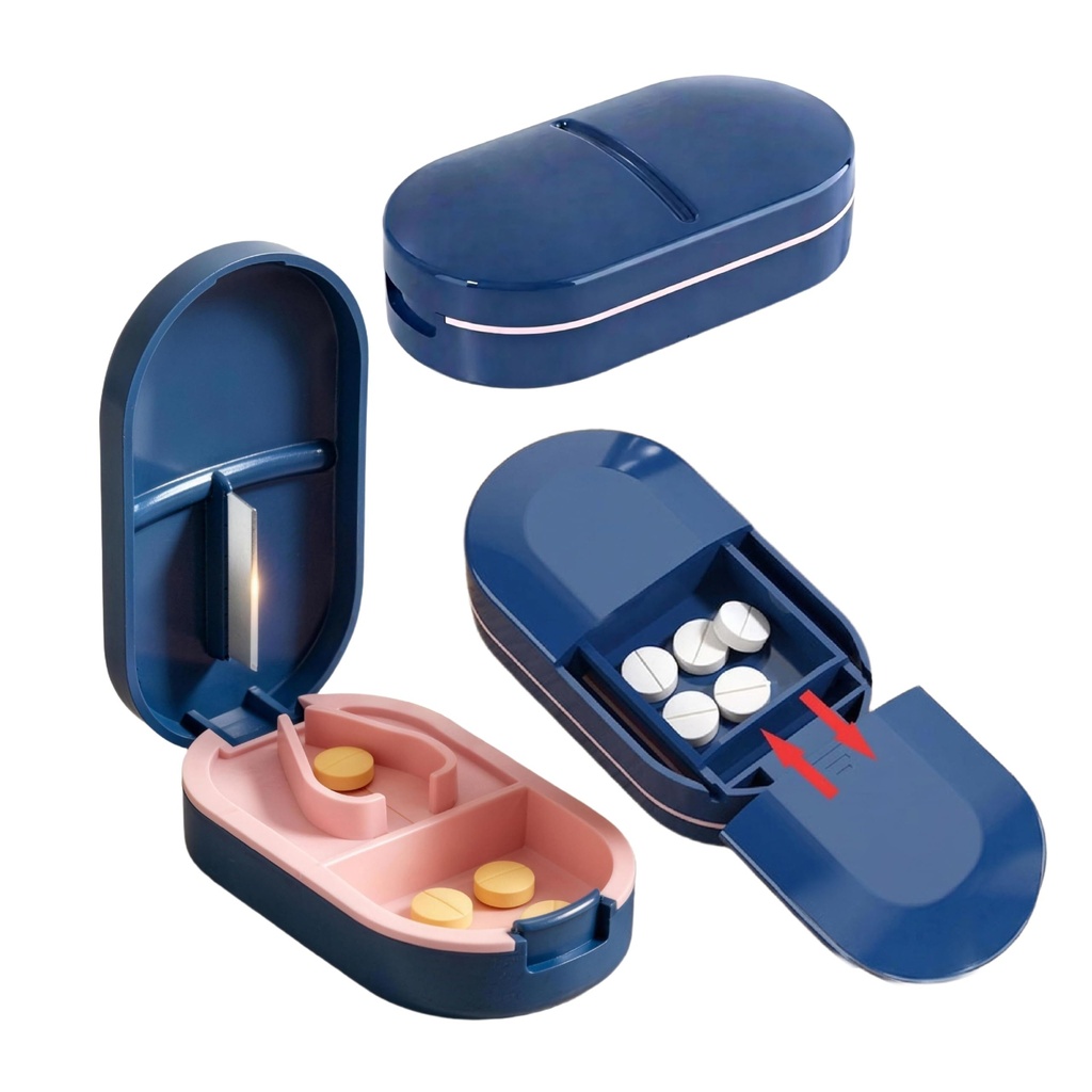 Pill Splitter with Stainless Steel Blade, BPA-Free Pill Cutter, V-Shaped Precision Pill Cutting Device, Portable Travel Pill Divider for Cutting 1/2 1/4 1/8 Small Medium Pills (Blue)