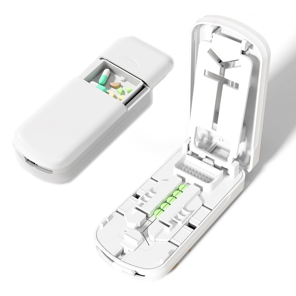 Portable Dual-Blade Pill Cutter and Crusher, Precision Half, Third and Fourth Tablet Splitter with Silicone Grip and Safety Lock for Small, Tiny or Large Pills, Upgraded Version