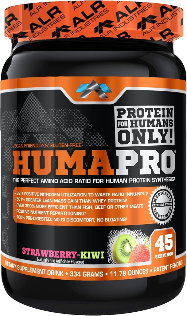 Humapro | Amino Acids Protein Matrix for Humans | 99% Utilization for Lean Muscle | Vegan, Gluten Free | 334g / 45 Servings (Strawberry Kiwi)