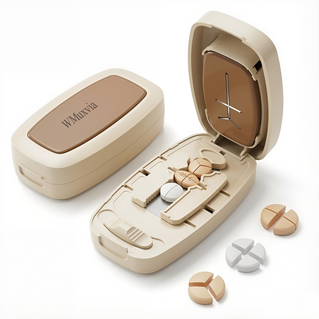 Adjustable Slot Pill Cutter - Fits Small/Large Pills, Vitamins, Oval/Long Tablets | 1/2, 1/3, 1/4 Even Splitting, Dual Fixing Clips, Multi-Pill Cutting, Precision Split, Hidden Sharp Blade