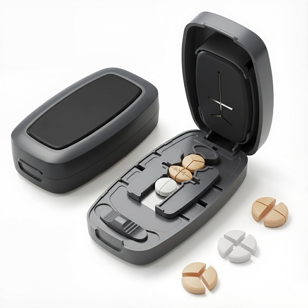 Pill Cutter Splitter with Adjustable Slot, 1/2 1/3 1/4 Even Splitting for Small Large Pills, Oval Long Tablets & Vitamins, Dual Fixing Clips, Multi-Pill Cutting, Hidden Sharp Blade (Black)