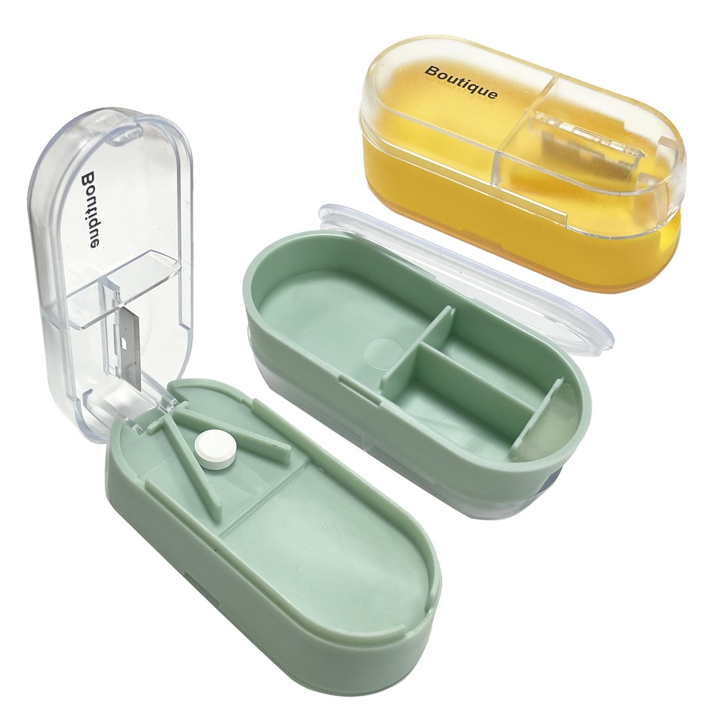 2 Pack Pill Cutter for Small or Large Pills, Portable Pill Splitter 2-in-1 Pill Case with Stainless Steel Blade, Cuts Pills, Vitamins, Tablets