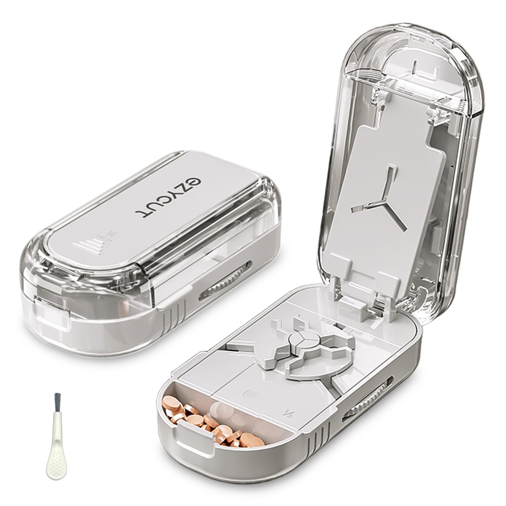 ONTERATE Pill Cutter Splitter for Small & Large Pills, Adjustable Pill Splitter with Safety Guard Hidden Stainless Steel Blade, Travel Tablet Vitamin Cutter Cutting into 1/2, 1/3 (White Grey)