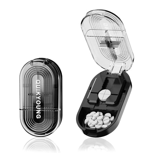 Pill Cutter Pro Professional Pill Splitter for Small Tiny and Large Pills with Double Stainless Steel Blades Centering Guide Tablet Vitamin Cutter Halves Quarters Medical Grade (Black)