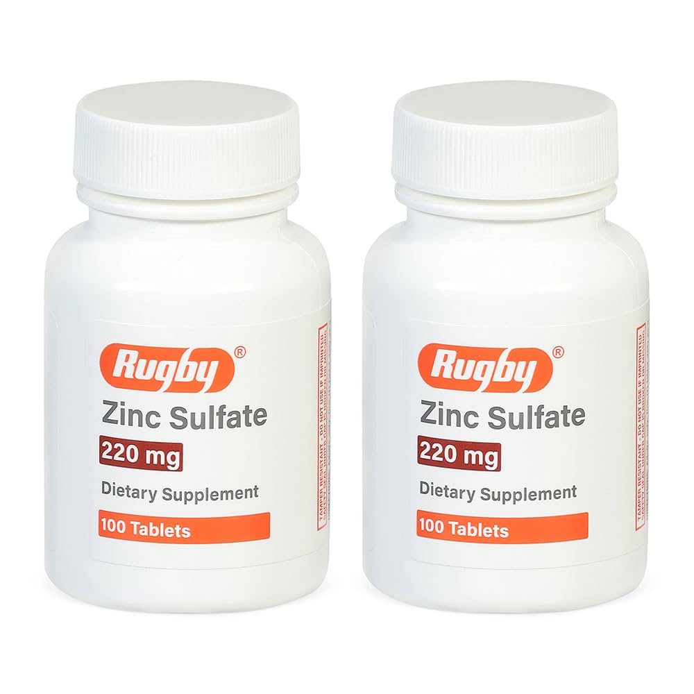 Rugby Zinc Sulfate 220 mg Tablets - Made with Zinc Sulfate Heptahydrate - Dietary Supplement - 100 Count (2 Pack)