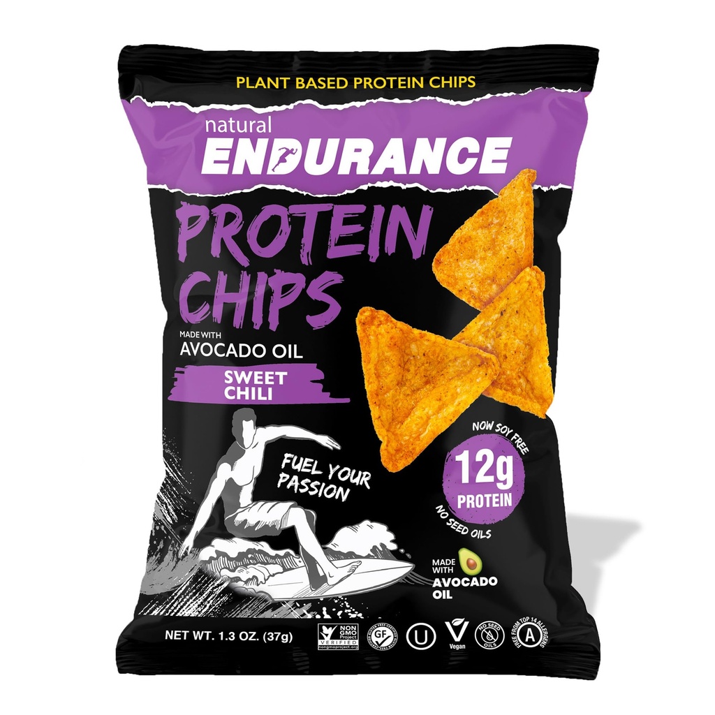Natural Endurance Protein Chips - Low Carb Chips, 12g of Protein per Bag, Non GMO, Made with Avocado Oil, Vegan, Nut Free, On the Go Snack - Sweet Chili Flavor, 1.38 oz Bags (Pack of 8)