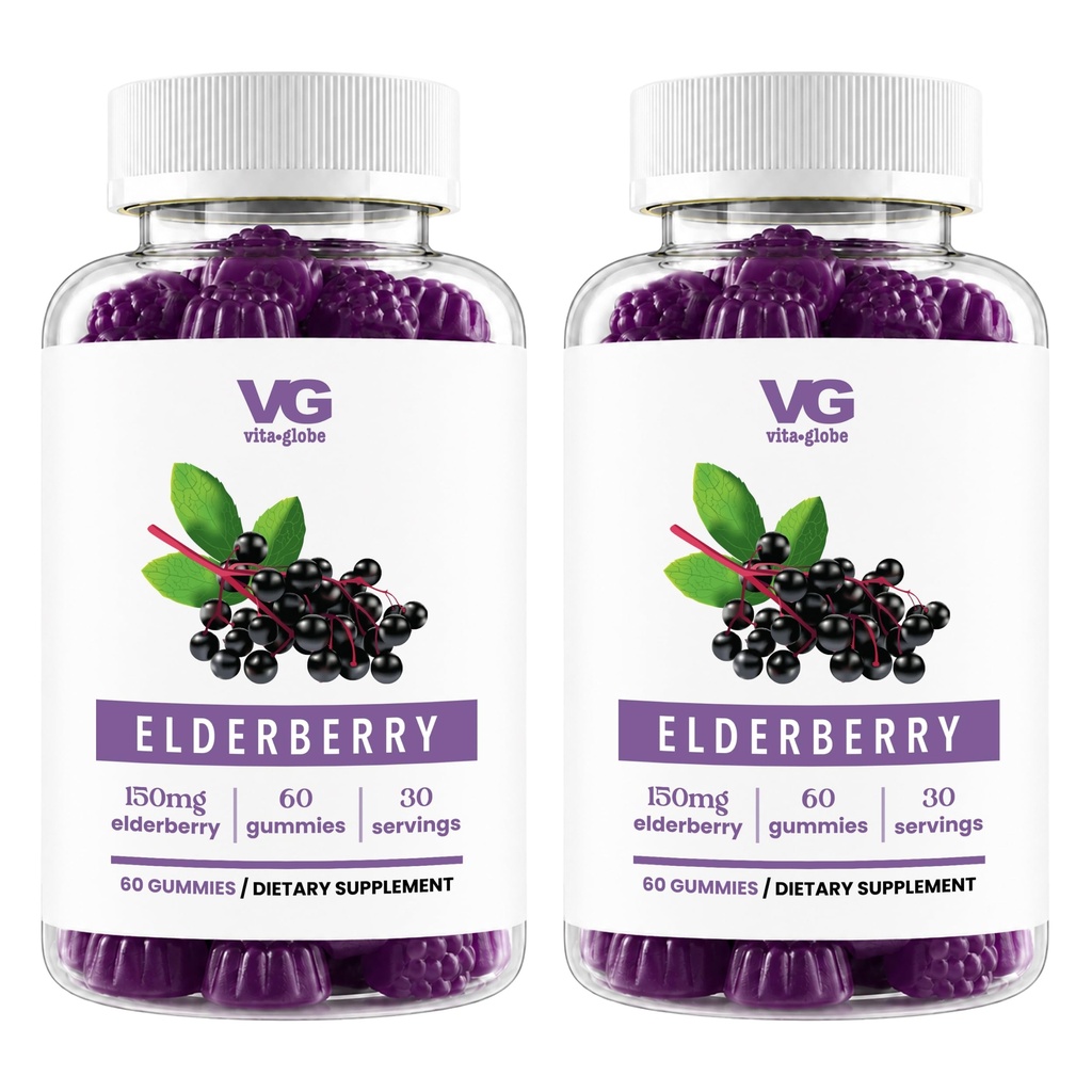 VITA GLOBE Elderberry Gummies with Vitamin C & Zinc, Daily Supplement for Immune Support & Wellness, Elderberry Extract with Antioxidants in a Delicious Berry Flavor, 60 Count (Pack of 2)