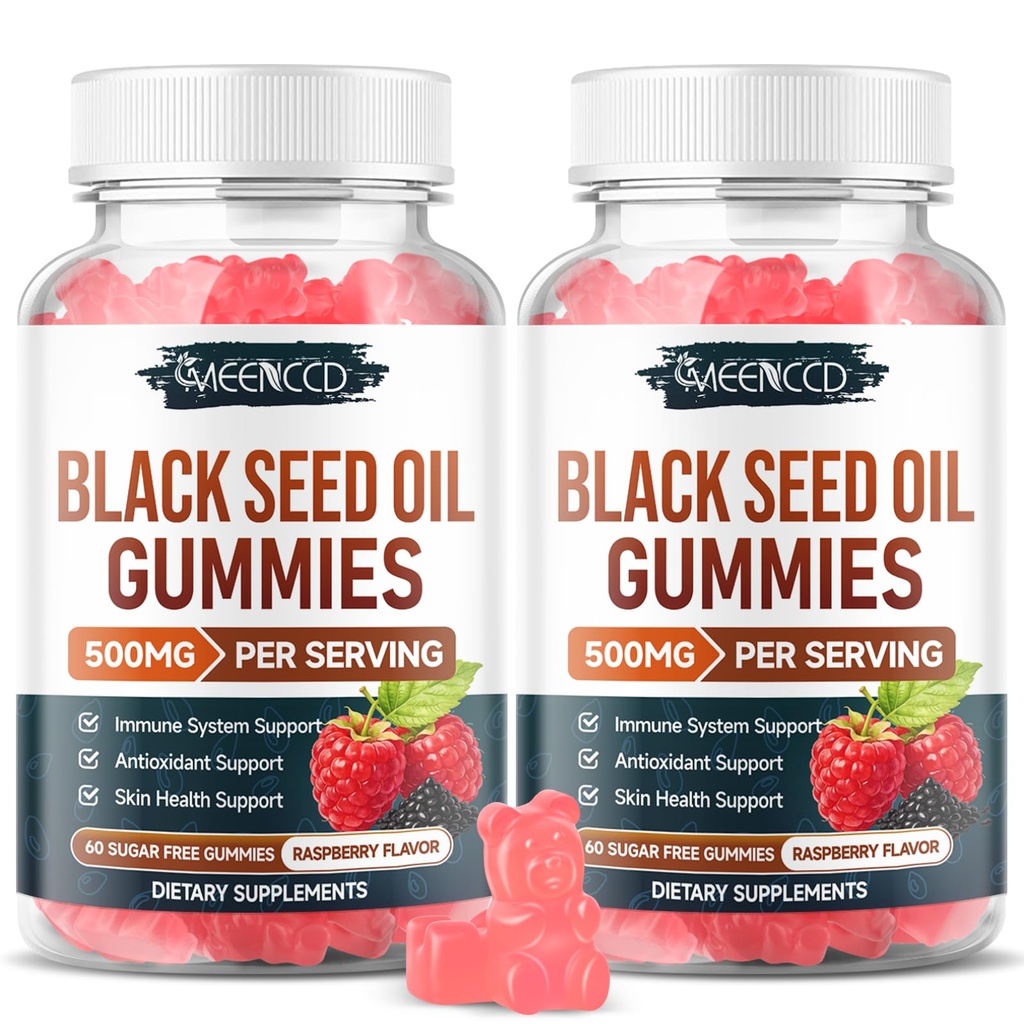 MEENCCD 2 Pack Black Seed Oil Gummies, Nigella Sativa Black Seed Oil Supplement for Antioxidant Support, Vegan, Non-GMO, Suagr-Free, Raspberry Flavor, 120 Count