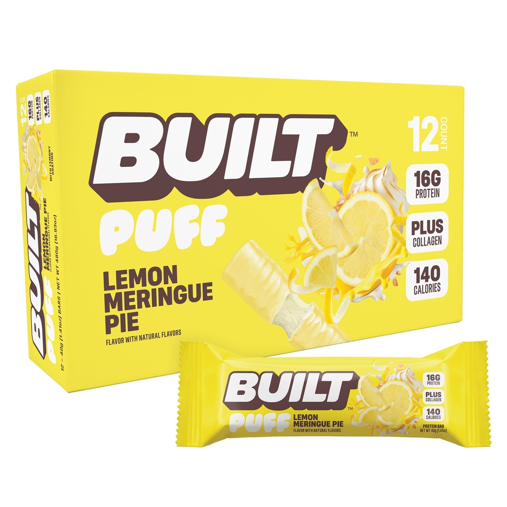 BUILT Puff Protein Bars, Lemon Meringue Pie, 16g Protein - 12 Count | Protein Snack Bar with Collagen, Calorie Conscious, Gluten Free