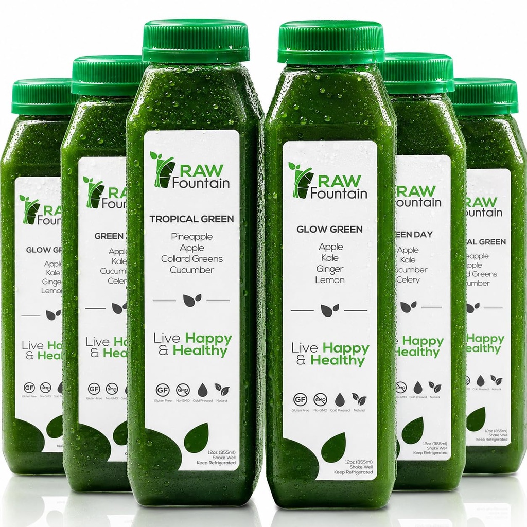 1 Day Green Juice Cleanse by Raw Fountain, All Natural Raw, Vegan Detox, Cold Pressed Juice, Great Way to Detox Your Digestive System, Kosher, Gluten Free, NO Added Sugar, 6 Bottles 12oz