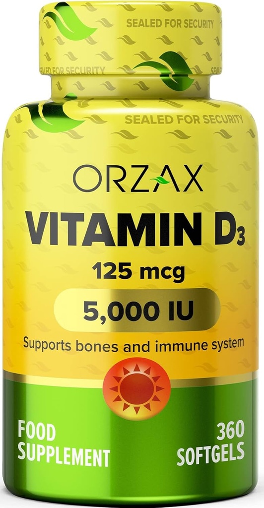 ORZAX Βιταμίνη D3 5000 iu (125 mcg) – Μη ΓΤΟ, Χωρίς Γλουτένη, Χωρίς Ζάχαρη, Χωρίς Γαλακτοκομικά – 1 έτος προσφοράς για Ισχυρή Μυϊκή Λειτουργία & Ανοσοποιητική Υποστήριξη – Συμπλήρωμα διάθεσης για Ευεξία (360 Softgel)