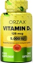 ORZAX Βιταμίνη D3 5000 iu (125 mcg) – Μη ΓΤΟ, Χωρίς Γλουτένη, Χωρίς Ζάχαρη, Χωρίς Γαλακτοκομικά – 1 έτος προσφοράς για Ισχυρή Μυϊκή Λειτουργία & Ανοσοποιητική Υποστήριξη – Συμπλήρωμα διάθεσης για Ευεξία (360 Softgel)
