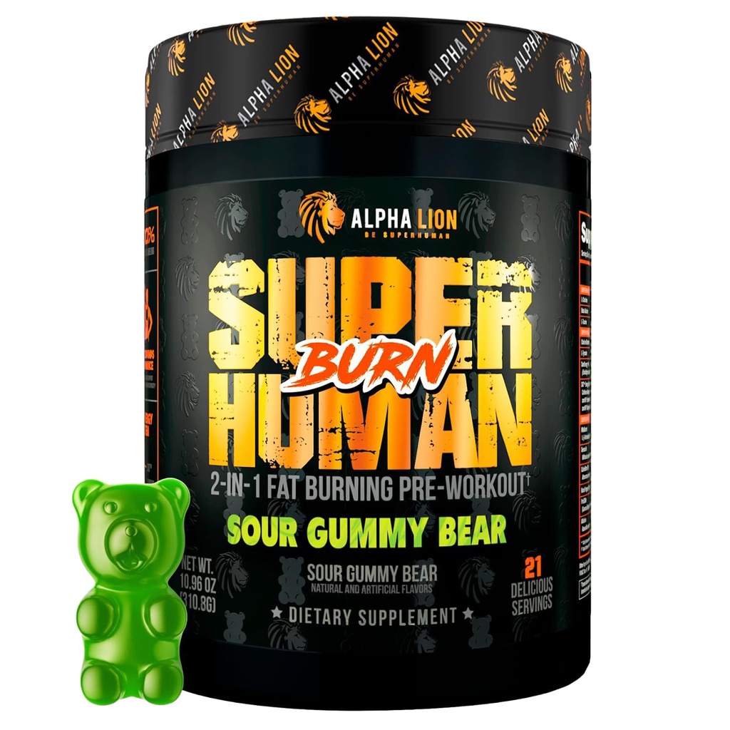 ALPHA LION Superhuman Burn – 2 in 1 Μεταβολισμός Booster Προ προπόνησης και θερμογόνος καύση λίπους για τους άνδρες – Appetite Suppressant and Weight Loss Supplement (21 Servings, Sour Gummy Bear)