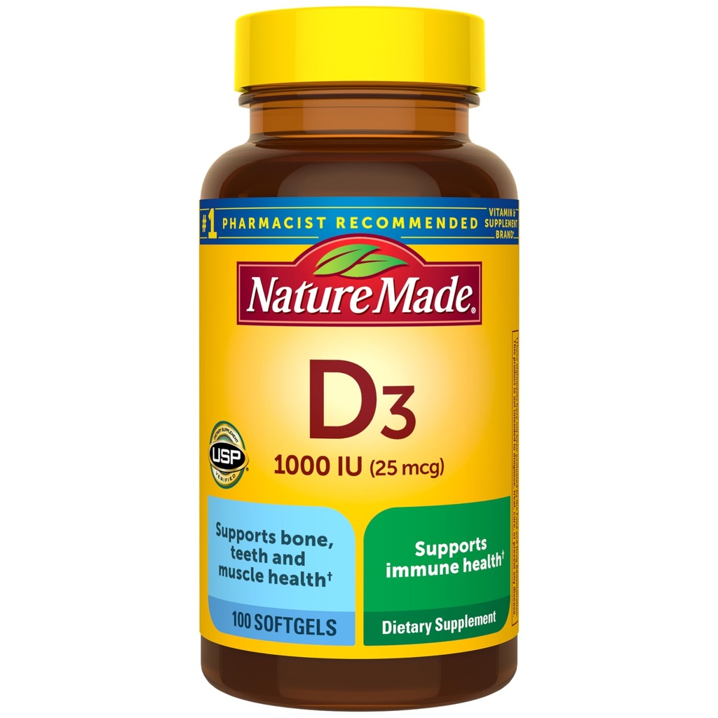 Nature Made Vitamin D3 1000 IU (25 mcg), συμπλήρωμα βιταμίνης D για τα οστά, τα δόντια, τους μυς και το ανοσοποιητικό υγεία, 100 Softgels, 100 ημέρες προσφοράς