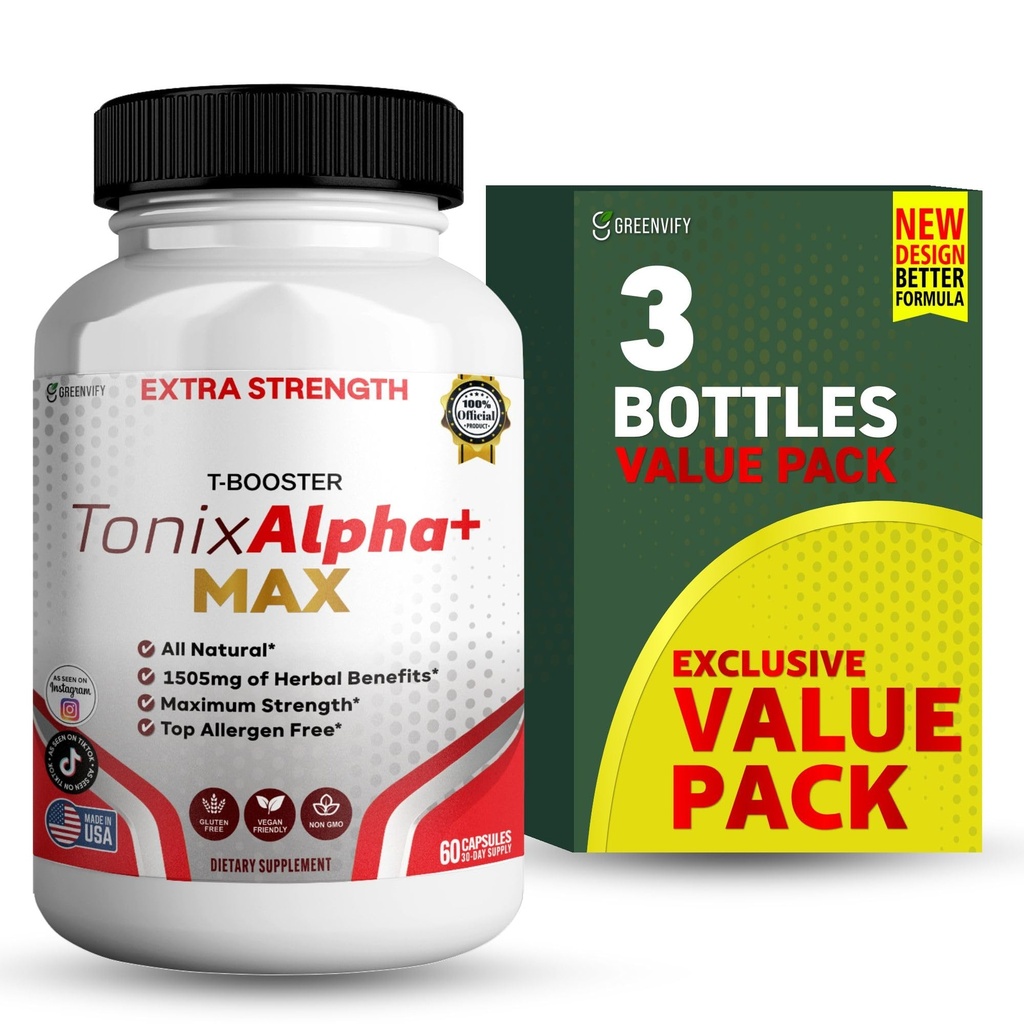 Tonix Alpha+ Max T-Booster Supplement, 1505mg Herbal Complex, 60 Capsules, 30 Day Supply, All Natural, Vegan Friendly (3)