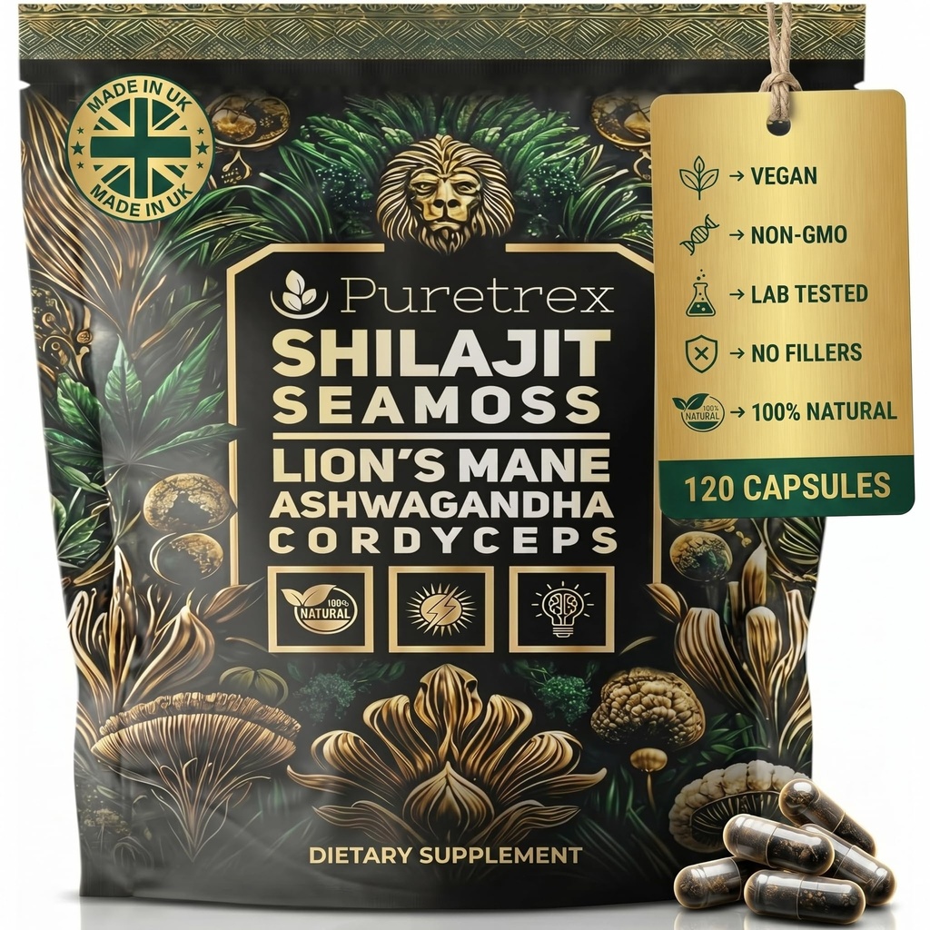 Shilajit Sea Moss Lions Mane Ashwagandha Cordyceps Capsules, 6-in-1 Mushroom Complex with BioPerine, 400mg Shilajit Extract, 120 Vegan Capsules, Made in UK, Third Party Tested