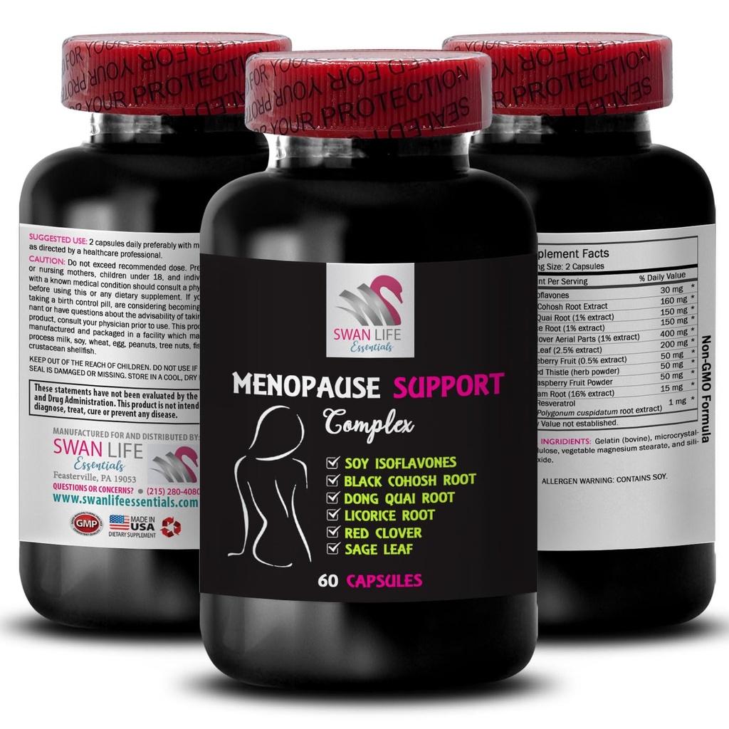 MENOPAUSE SUPPLEMENTS FOR WOMEN - menopause relief herbs, black cohosh, wild yam root, night sweats relief for women, hot flashes menopause relief, red clover, soy isoflavones 1Bot