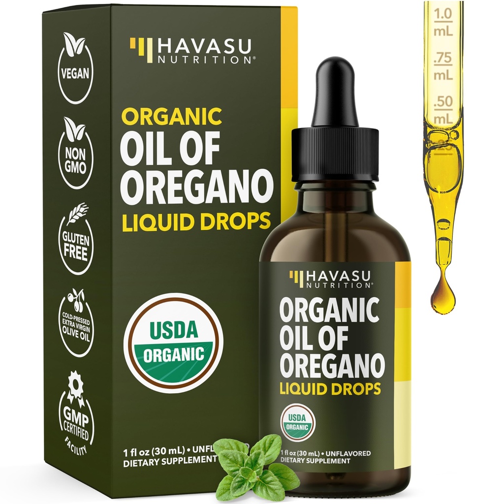 Organic Oil of Oregano Drops - High Strength Carvacrol Oregano Oil Liquid Drops for Daily and Seasonal Immune Support - 6 Month Supply - Alcohol Free, Non-GMO, USDA Certified & Vegan (200 Servings)