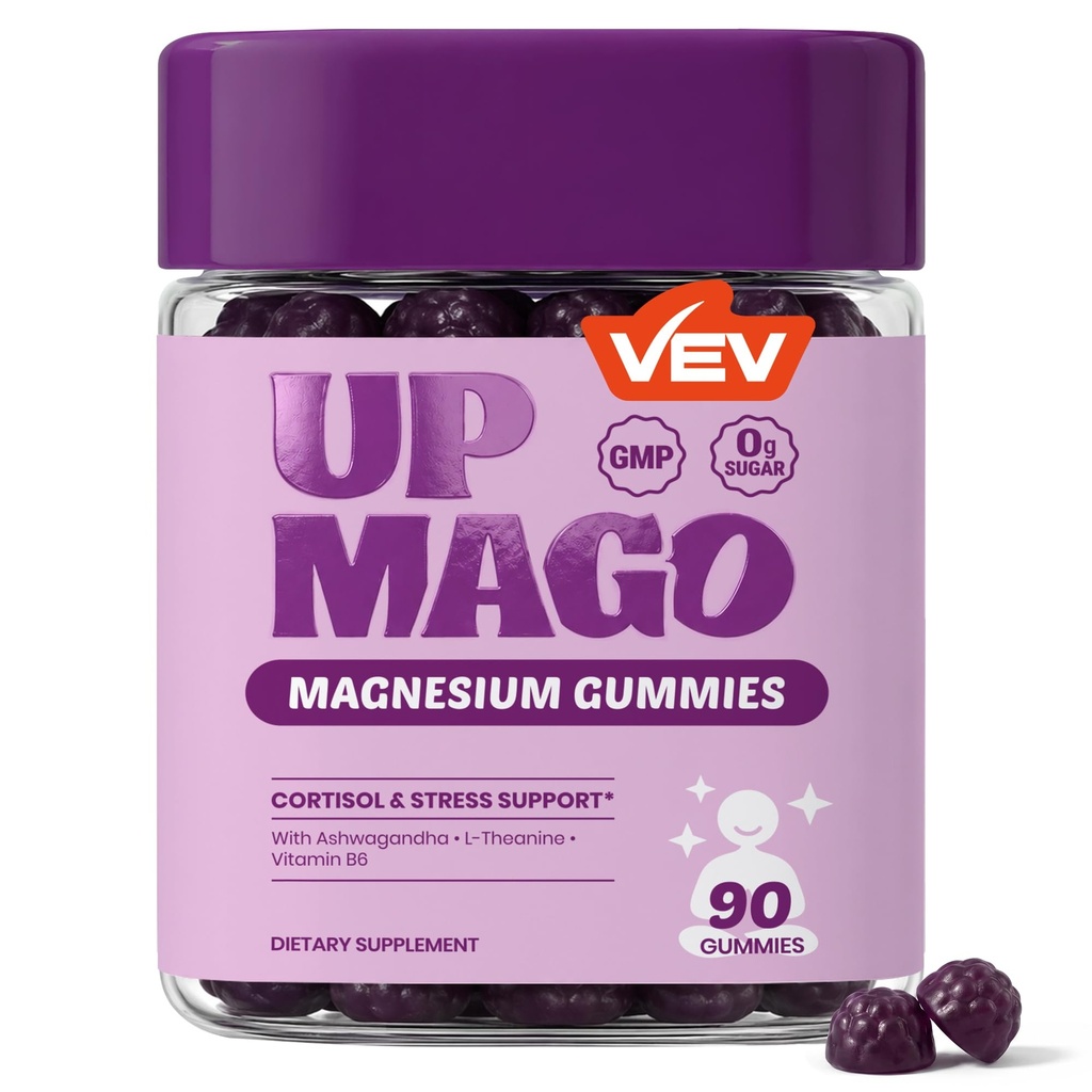 VEV UPMAGO Bisglycinate Magnesium Gummies – 90 Count – 4-in-1 Formula with Ashwagandha, L-Theanine & Vitamin B6 – No Added Sugar Vegan Gummies