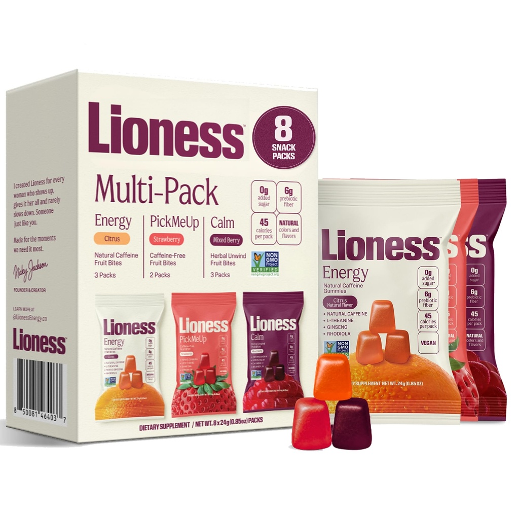 Lioness Variety Pack Gummies – Energy, PickMe Up & Calm, formulated with 6g Prebiotic Fiber, 0g Added Sugar, Vegan & Gluten-Free, 3 Different Functional Formulas, 8 ct