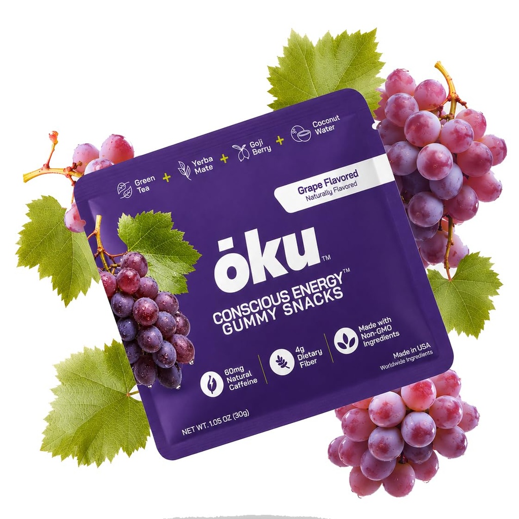 OKU Energy Gummies with Caffeine from Green Tea & Yerba Mate, Clean Energy & Focus, Coconut Water for Hydration, Vegan, Gluten-Free, Grape (8-Pack)