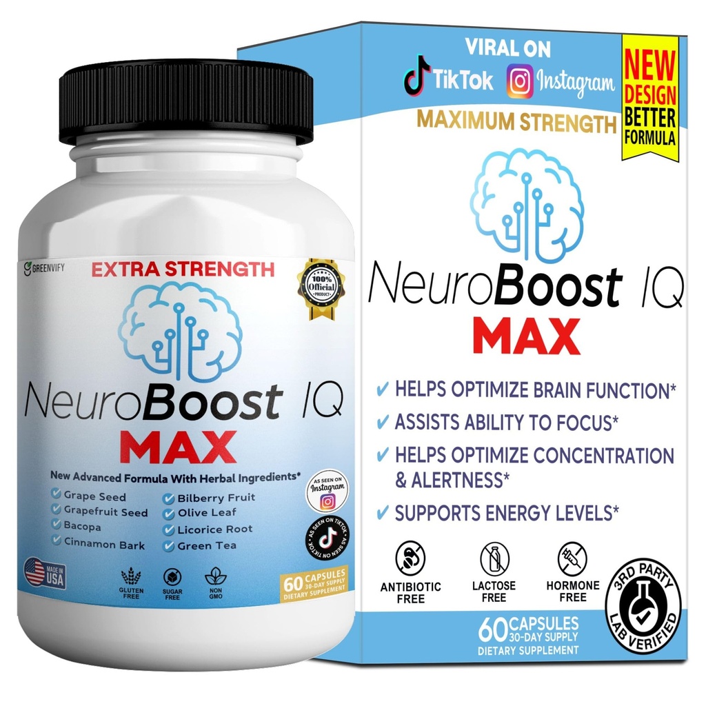 NeuroBoost IQ MAX Extra Strength Brain Support Supplement, Premium Nootropic for Focus and Memory, 60 Capsules