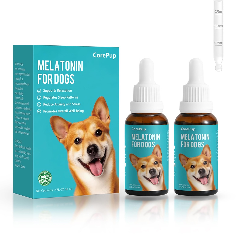 Melatonin for Dogs,Dog Sleep Aid–Anxiety Relief for Dogs, Stress, Calming, Relaxation & Sleep Support,Liquid Dog Melatonin 2Pack 2oz (60ml)