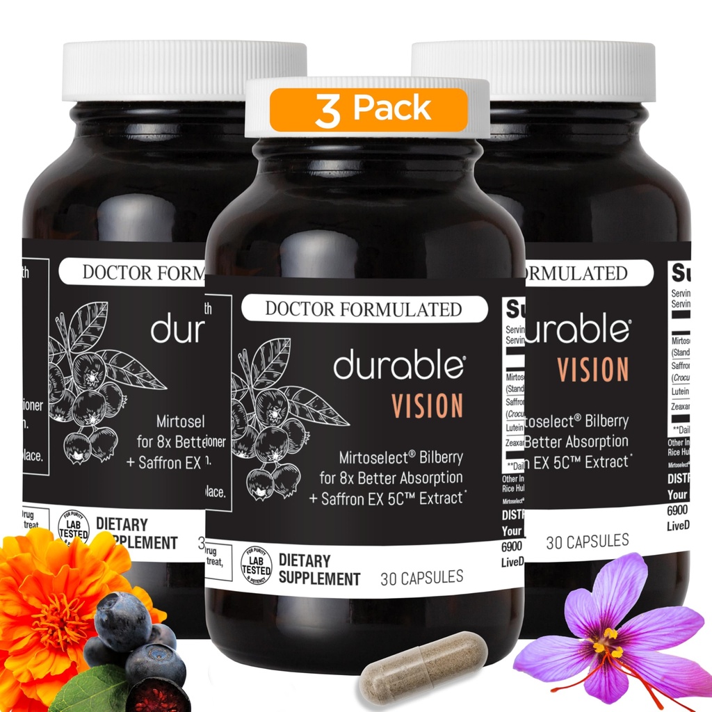 Durable Vision – Saffron, Bilberry, Lutein & Zeaxanthin – Supports Blue Light Protection, Eye Strain, Vision Clarity & Macular Health – Doctor Formulated, Vegan, Made in USA (90 Capsules)