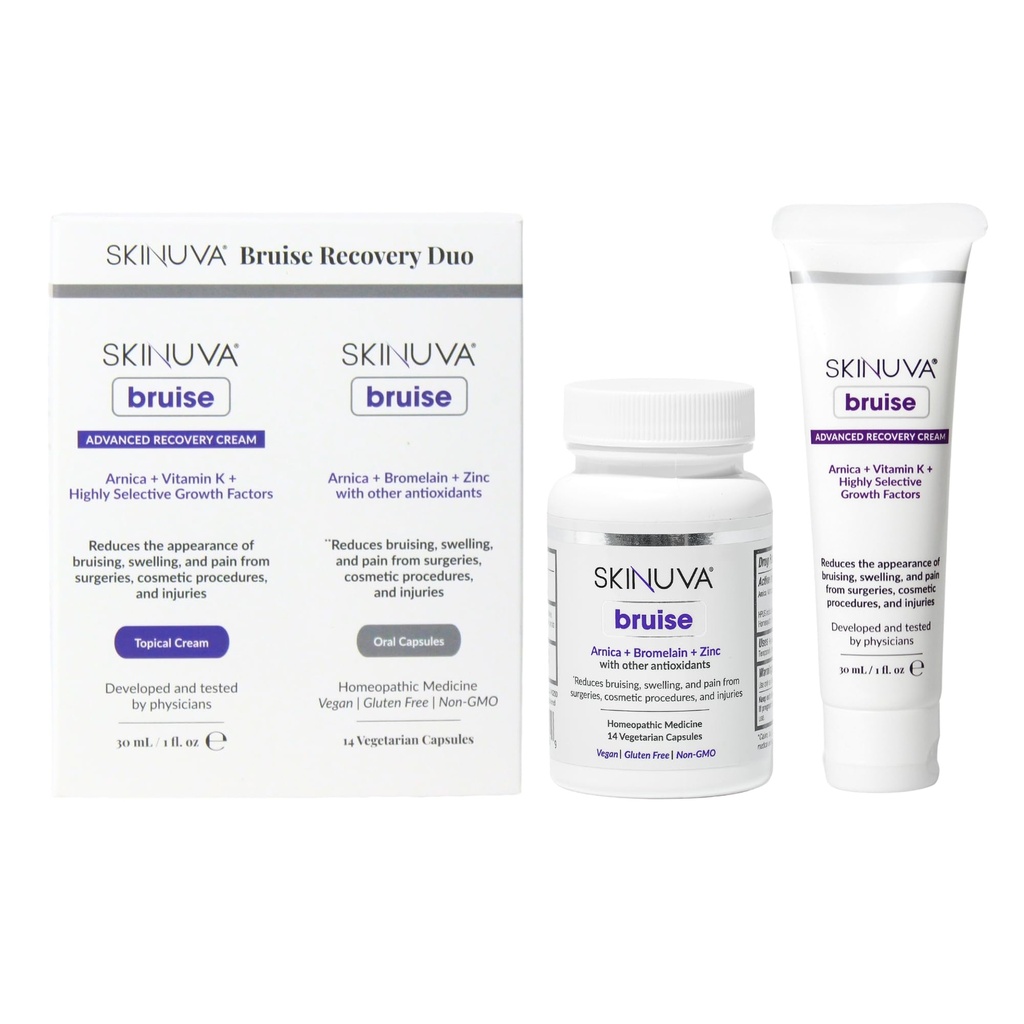 Skinuva® Bruise Recovery Duo: Bruise (14 Capsules) Bromelain Capsules + Advanced Recovery Cream (1 oz) Arnica & Vitamin K Topical Cream for Swelling & Irritation
