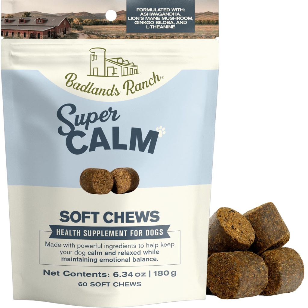 Badlands Ranch Super Calm Soft Chews for Dogs – Superfood Blend with Ashwagandha, Lion’s Mane Mushroom & L-Theanine – 60 Soft Chews