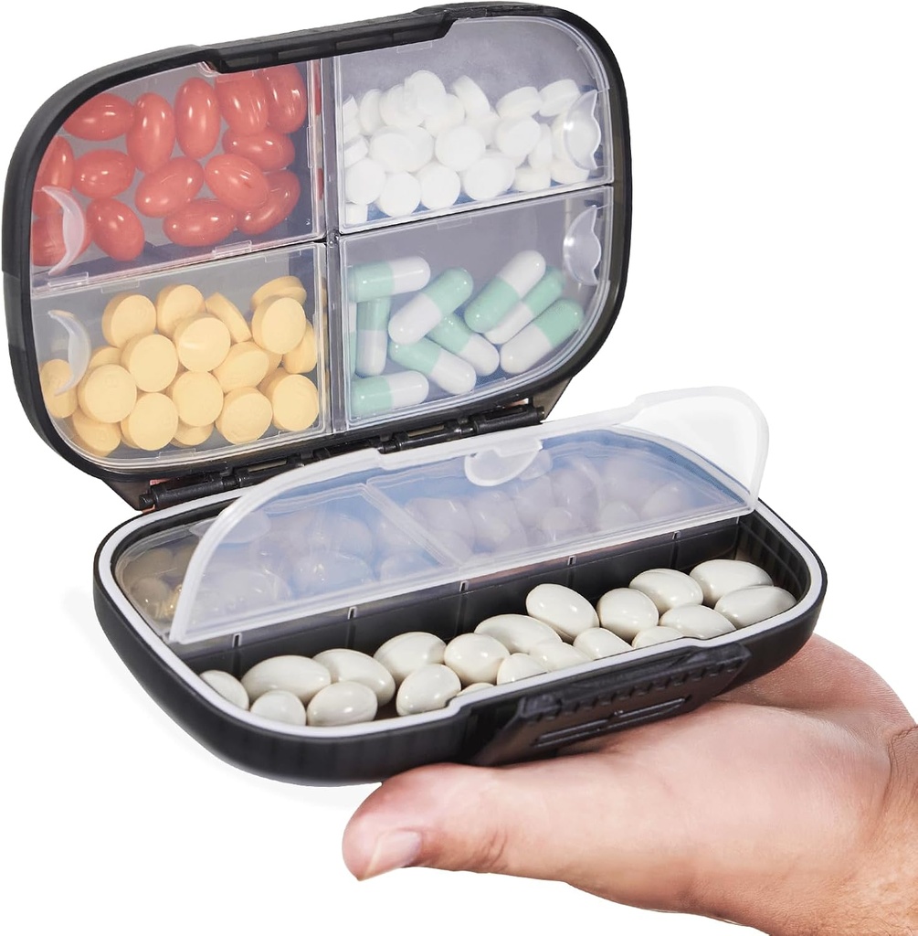 Sukuos Travel Pill Organizer Weekly with Double Lock, Portable Pill Box with Large 7 Compartment, Airtight Daily Medicine Case Container with Labels for Vitamins/Fish Oils/Συμπληρώματα