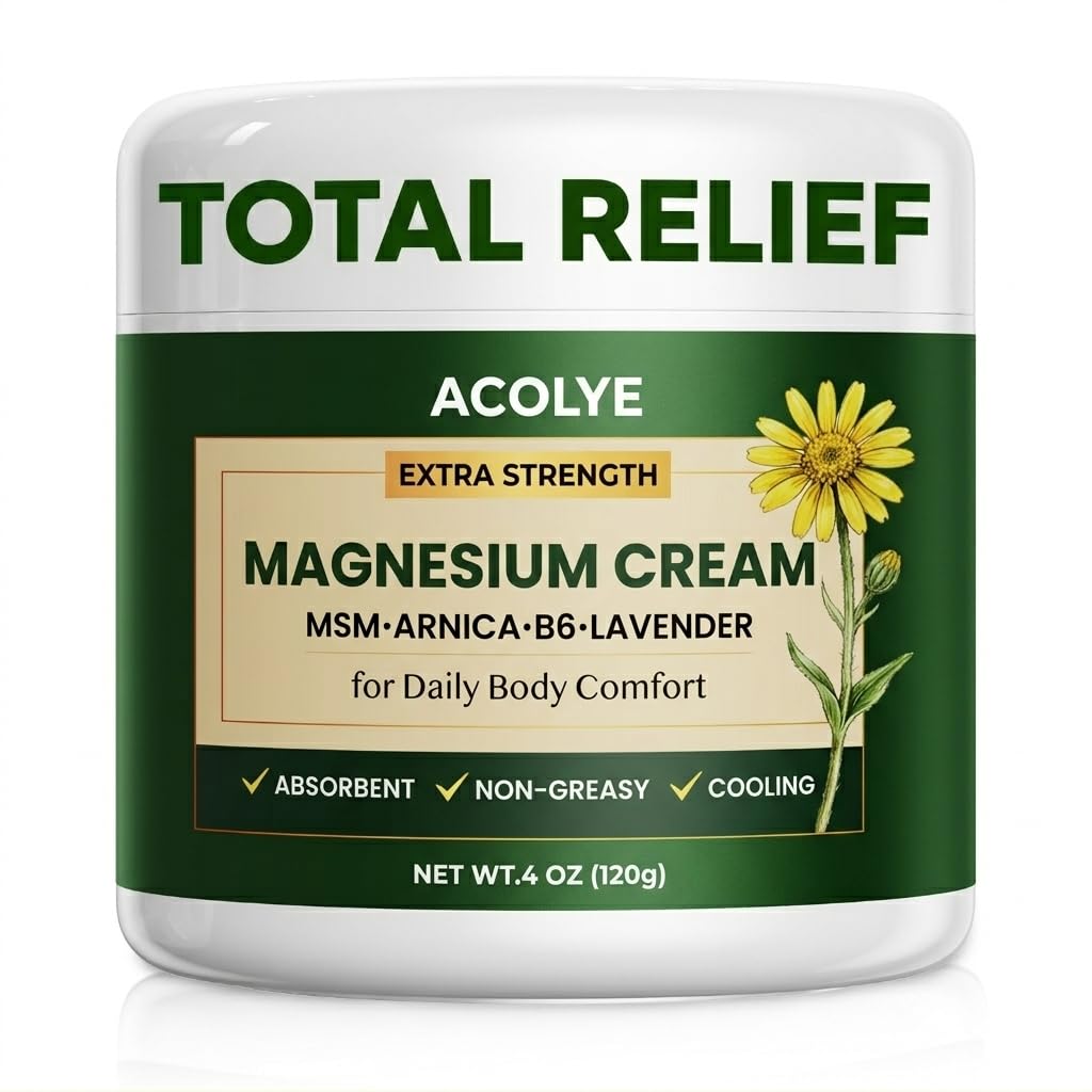 Total Relief Magnesium Cream with Arnica: Extra Strength Topical Magnesium Cream for Muscles, Joints & Legs | Magnesium Chloride with MSM, B6 - Fast Absorbing & Non-Greasy - Cruelty Free - 4 OZ
