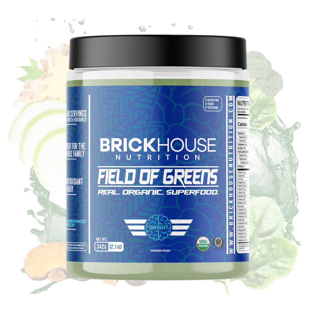 BRICKHOUSE NUTRITION Field of Greens Super Greens Powder | Doctor-Formulated Superfood Powder, Fruits & Veggies Supplement - Insight (Single Pack)