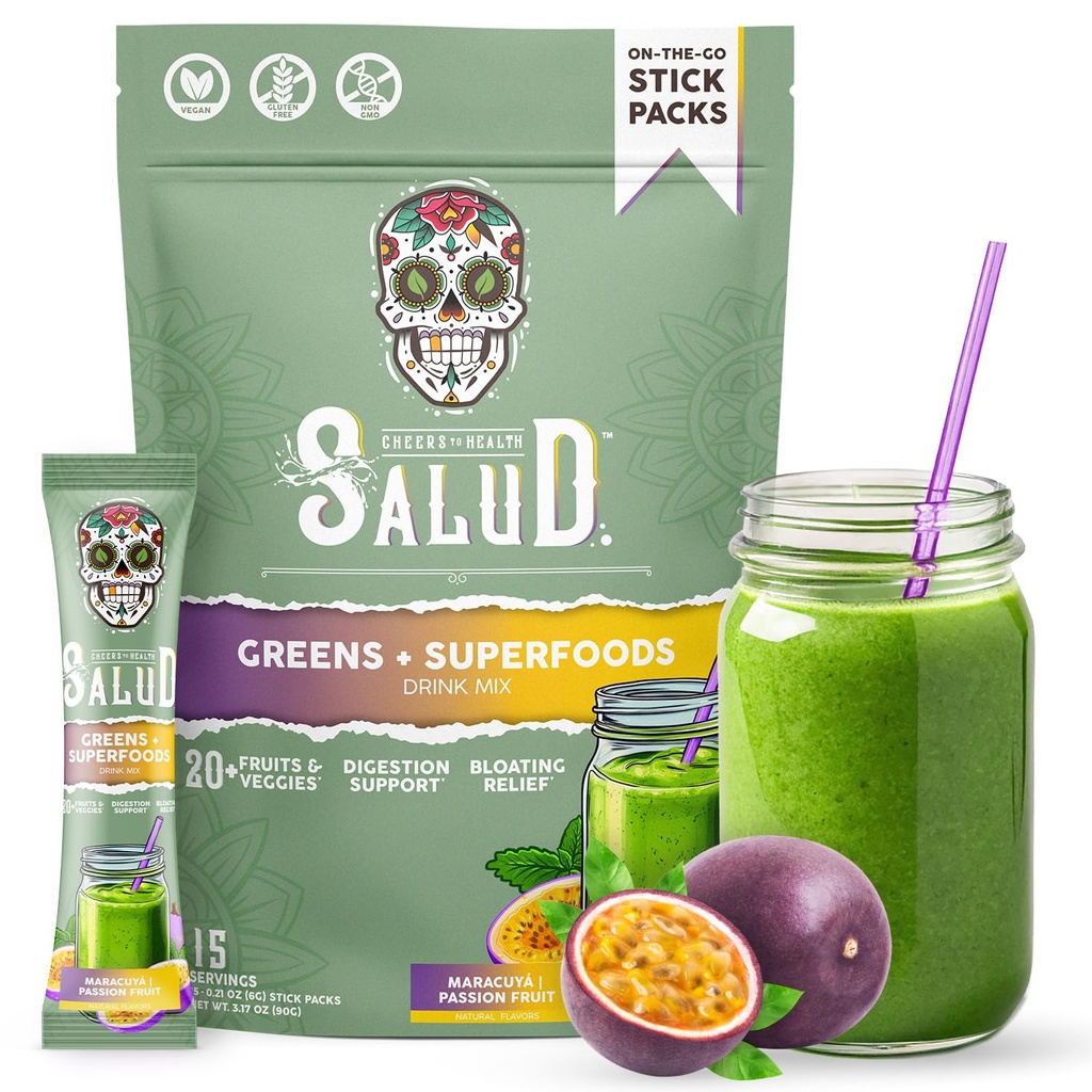 Salud 2-in-1 Greens Powder + Superfood Drink Mix Packets, 20+ Fruits and Veggies, Probiotics, Prebiotics, Supports Digestive Health, Bloating Relief, Vegan, Passion Fruit (15 Servings)