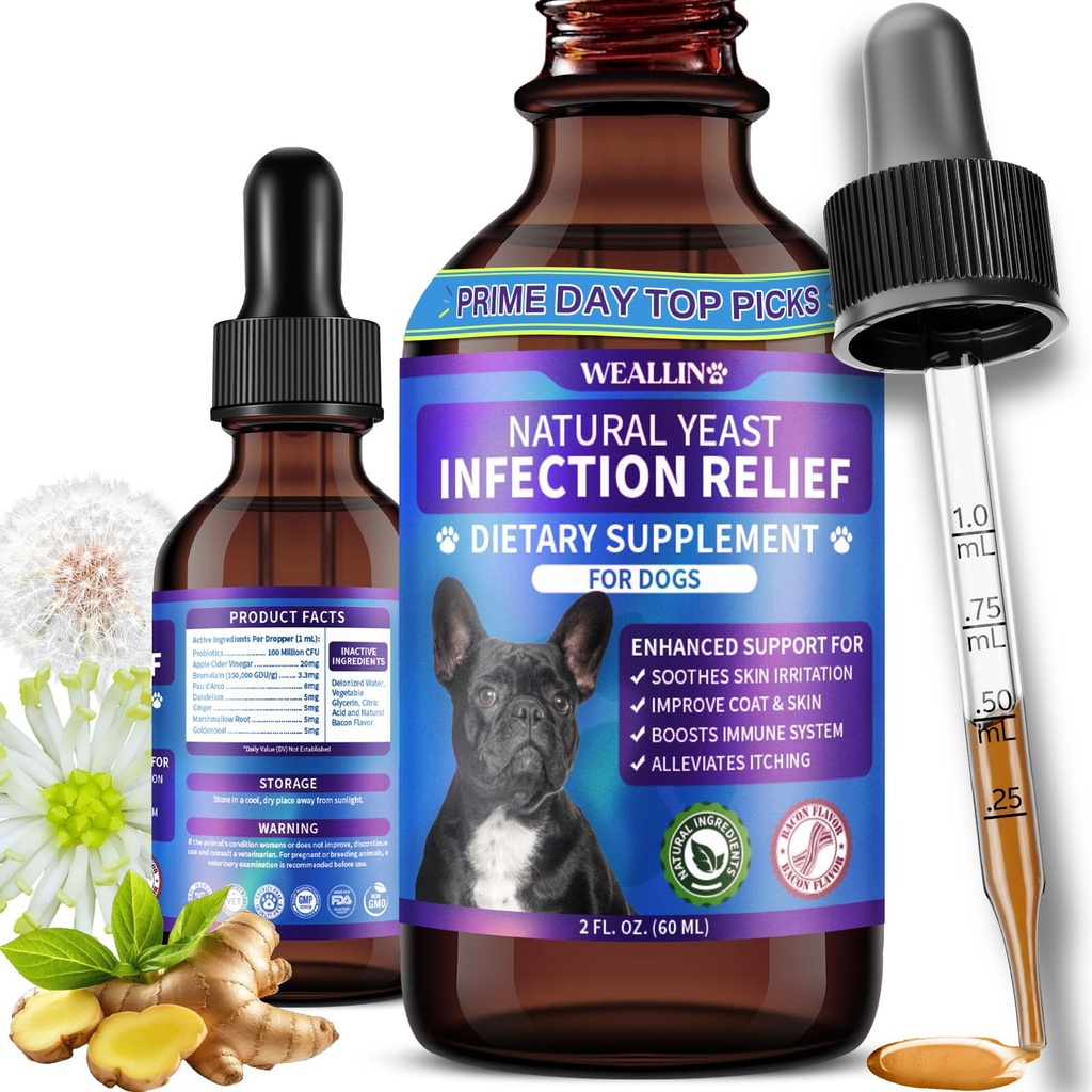 Natural Yeast Infection Treatment for Dogs | Probiotic-Powered Drops with 8-Herbal Blend | Supports Skin, Ears, Allergy Relief | Dog Yeast Infection Treatment Oral Supplement | Bacon-Flavored