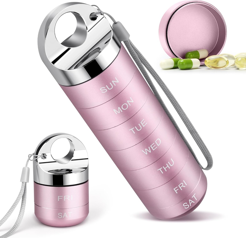 Metal Travel Pill Organizer, Portable Weekly Pill Box, Waterproof Large Aluminum Alloy 7 Day Vitamin Container, BPA Free Daily Medicine Organizer Holder for Vitamin, Supplement, Fish Oil (Cute Pink)