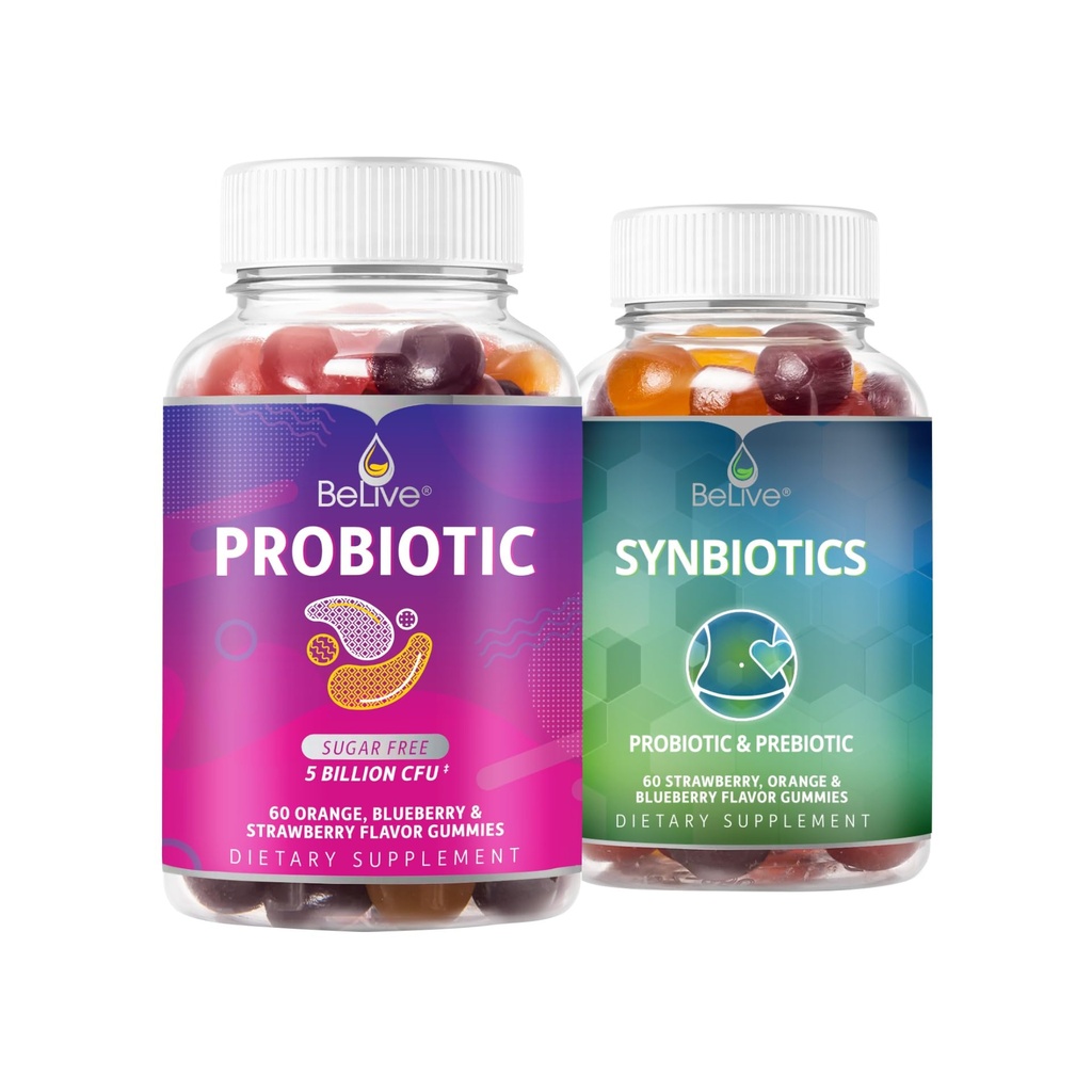 BeLive Probiotic + Prebiotic Bundle for Better Gut Health with 5 Billion CFUs for Digestive Health & High Strength Inulin (3g), Dietary Fiber