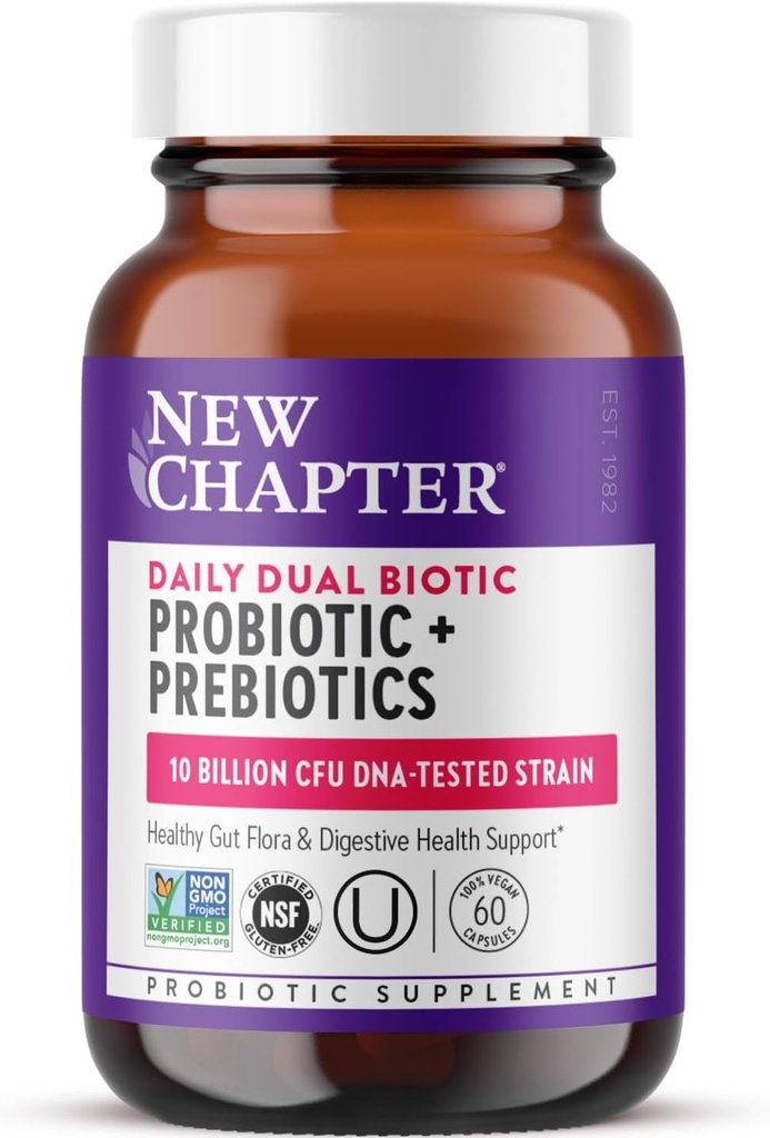 New Chapter Daily Dual Biotic Probiotic + Prebiotic for Digestion & Microbiome Health, 100% Vegan, Soy Free, Non-GMO, 60 Count (2 Month Supply)
