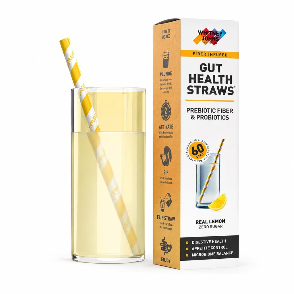 Whitney Johns Gut Straws with Probiotics for Digestive Health – 60 Billion CFUs – Supports Gut Health & Nutrient Absorption – Fiber Infused Drinking Straws with Prebiotics, Lemon Flavor, 14 Count