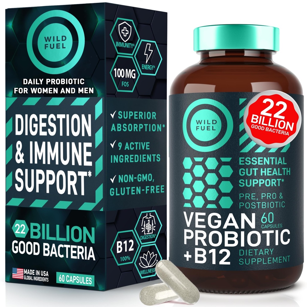 Vegan Probiotic Plus B12 & FOS - 22 Billion CFU Synbiotics Prebiotics and Probiotics for Digestive Health, IBS, Mood Support - B12 Pre Pro Post Biotics for Women & Men - 60 Gluten-Free Capsules