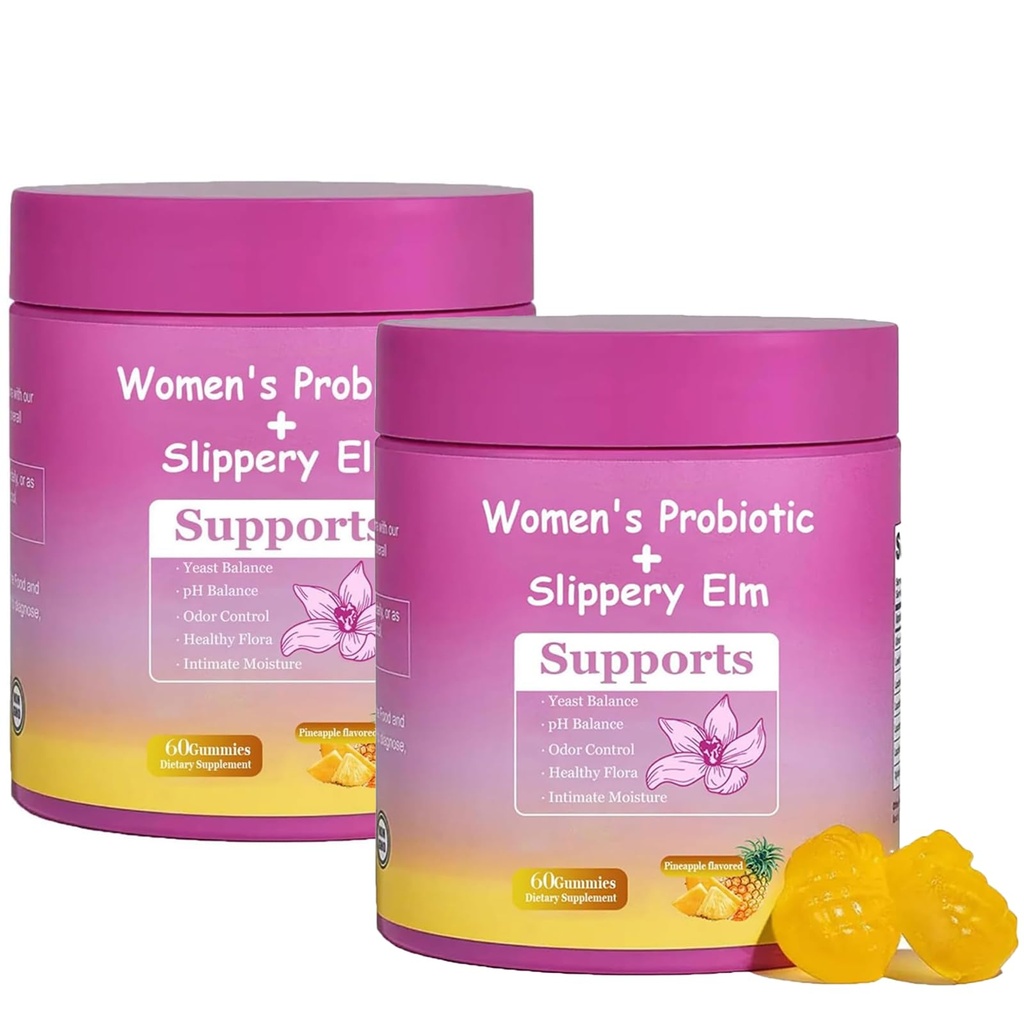Her Juicy Feminine Probiotics Gummies for Women | Pineapple Flavor | Supports pH Balance, Gut Health & Immune System | with Slippery Elm, Prebiotics & Lactobacillus Blend | 60 Gummies (2pcs)