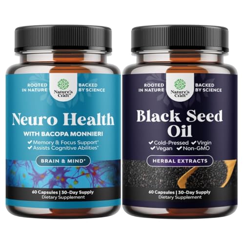 Bundle of Nootropic Brain Supplement for Memory & Focus with Bacopa Monnieri VIT A B6 Riboflavin Niacin Thiamin Folate and Vegan Black Seed Oil - Cold Pressed Nigella Sativa Black Cumin Seed Oil