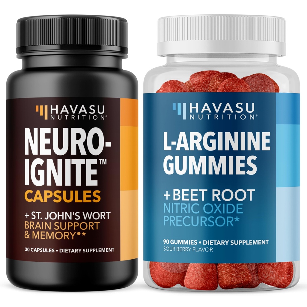 HAVASU NUTRITION NeuroIGNITE Brain Supplements for Memory and Focus 30 ct and L-Arginine Gummies with L-Citrulline and Beet Root 90ct Bundle