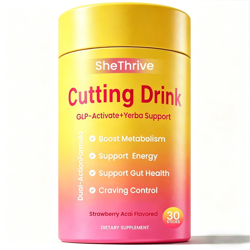 SheThrive Cutting Drink Mix | Berberine, Cinnamon, Yerba Mate, 5-HTP & FOS | Supports Satiety, Energy & Gut Health | Strawberry Açaí Flavor | Vegan, Sugar-Free - 30 Sticks (1Box)