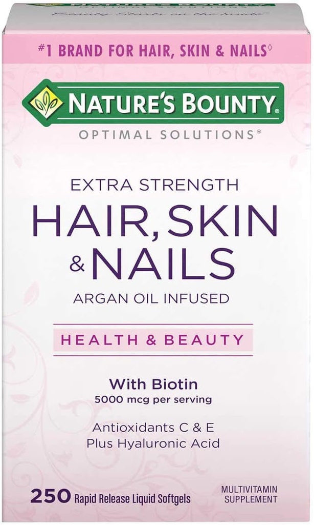 Nature's Bounty Hair Skin and Nails 5000 mcg Biotin - 250 Επικαλυμμένα δισκία Κανονική & επιπλέον δύναμη (Extra Strength, Δύο μπουκάλια καθένα από τα 250 Softgels)