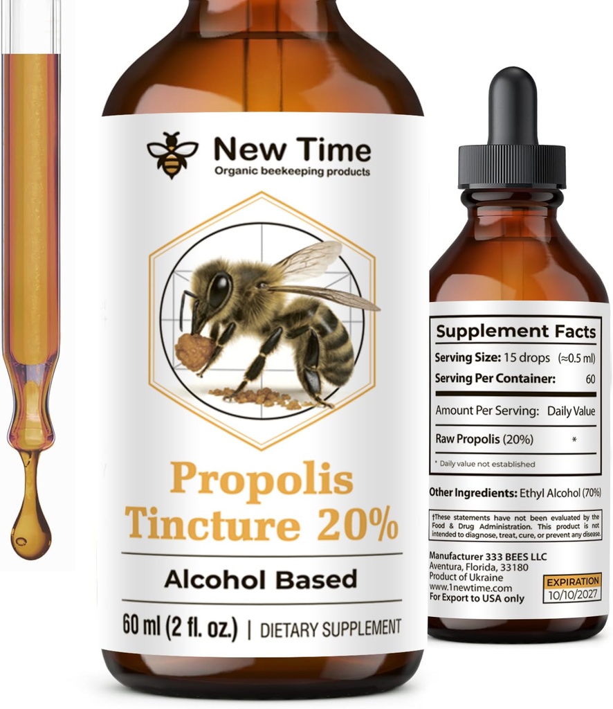 Organic Bee Propolis Tincture 20% – 2 fl oz Alcohol-Based Liquid Extract – Natural Bee Product for Immune, Respiratory & Antioxidant Health Support
