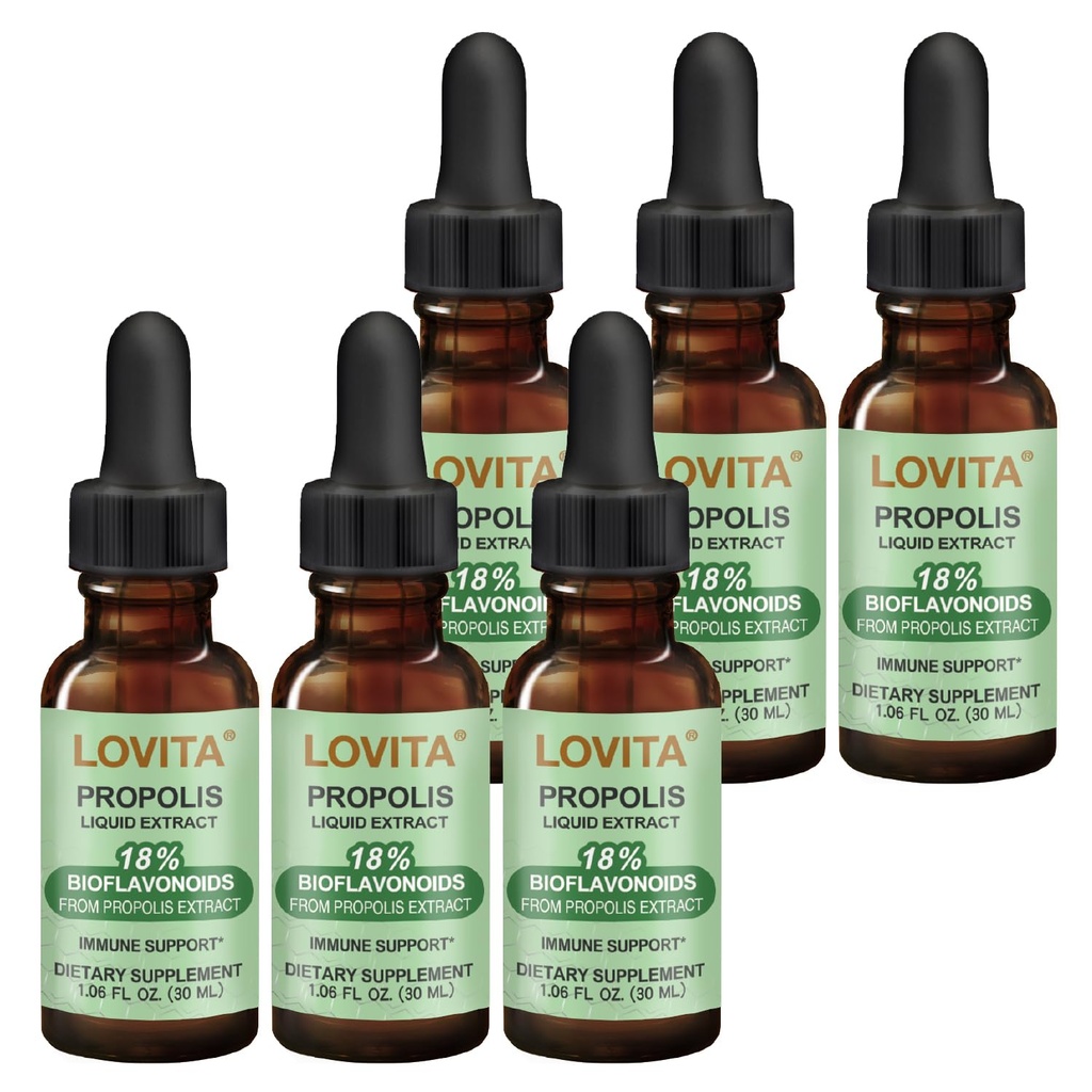 LOVITA 6 Bottles Value Pack, Bee Propolis Liquid Extract 500mg, 5:1 Resin Drops with 18% Bioflavonoids, Alcohol-Free Antioxidant, Immune Support & Throat Soothing
