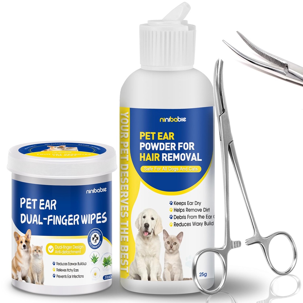 Dog Ear Hair Removal Kit with Ear Powder & 5.5" Curved Locking Forceps – Dog Ear Finger Wipes for Grooming, Helps Remove Excess Ear Hair, Dirt & Moisture, Alcohol-Free Pet Ear Care for Dogs